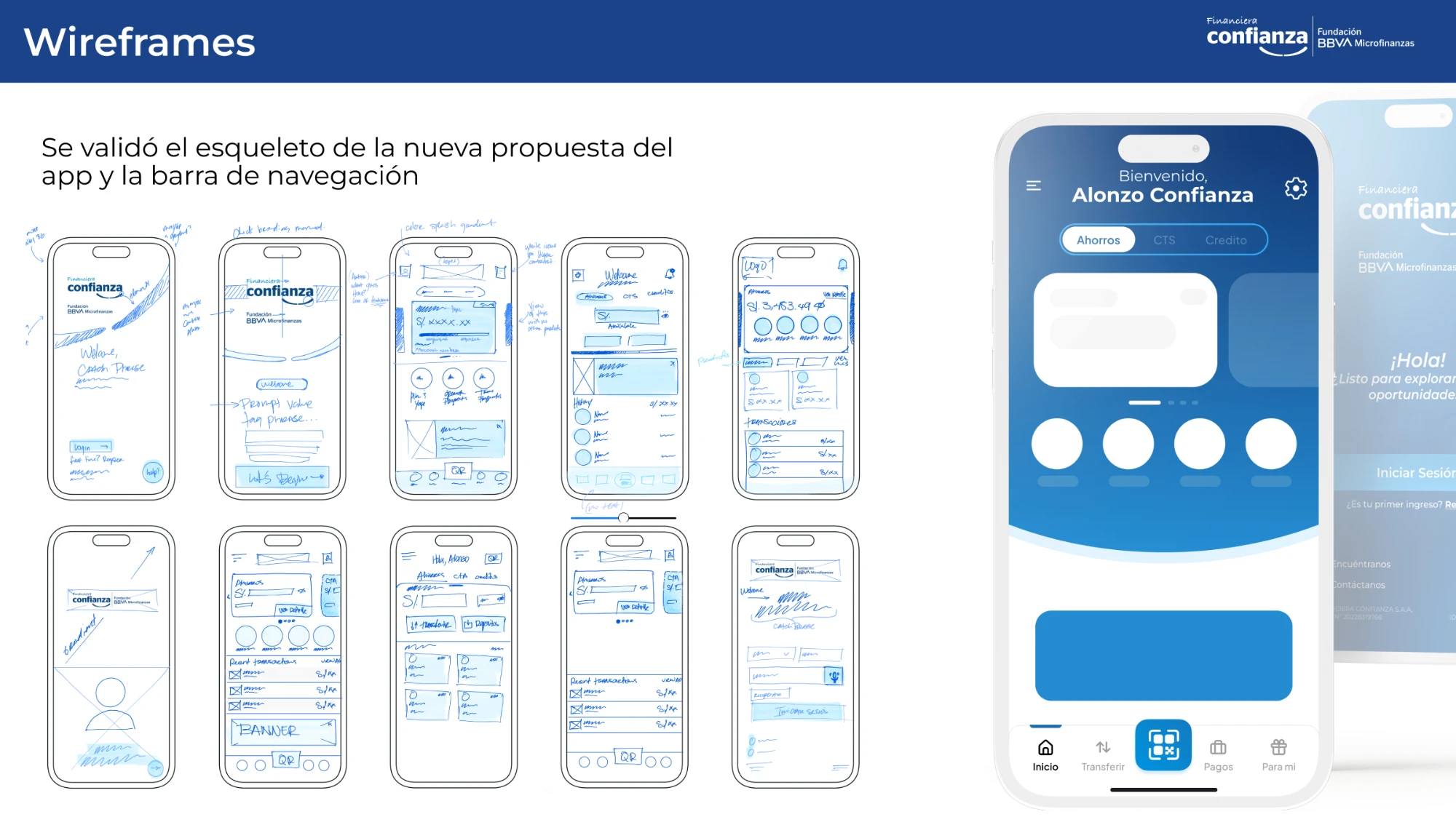 Wireframes validados en la nueva estructura de la app